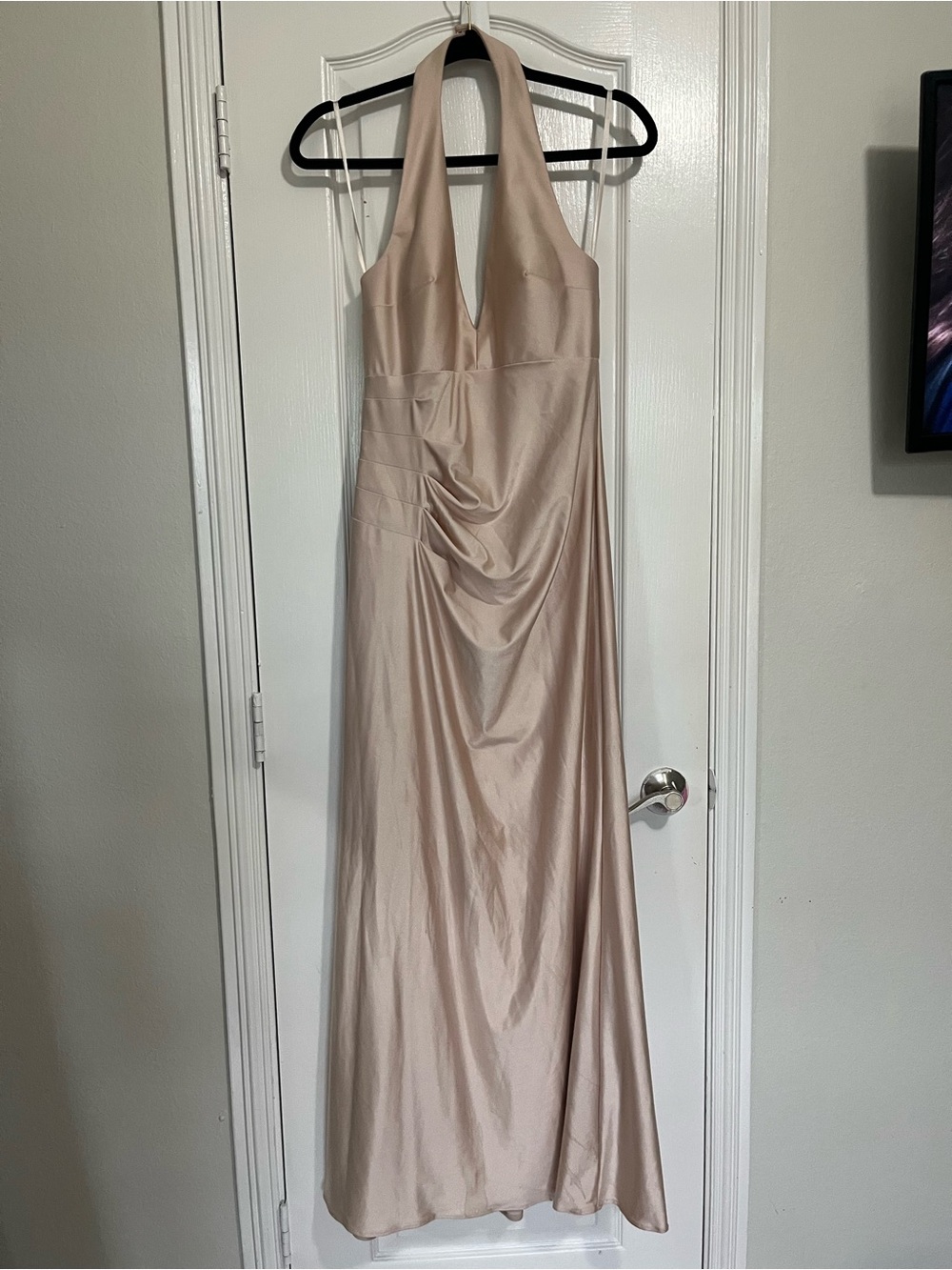 Cachet Blush Halter Satin Maxi Gown